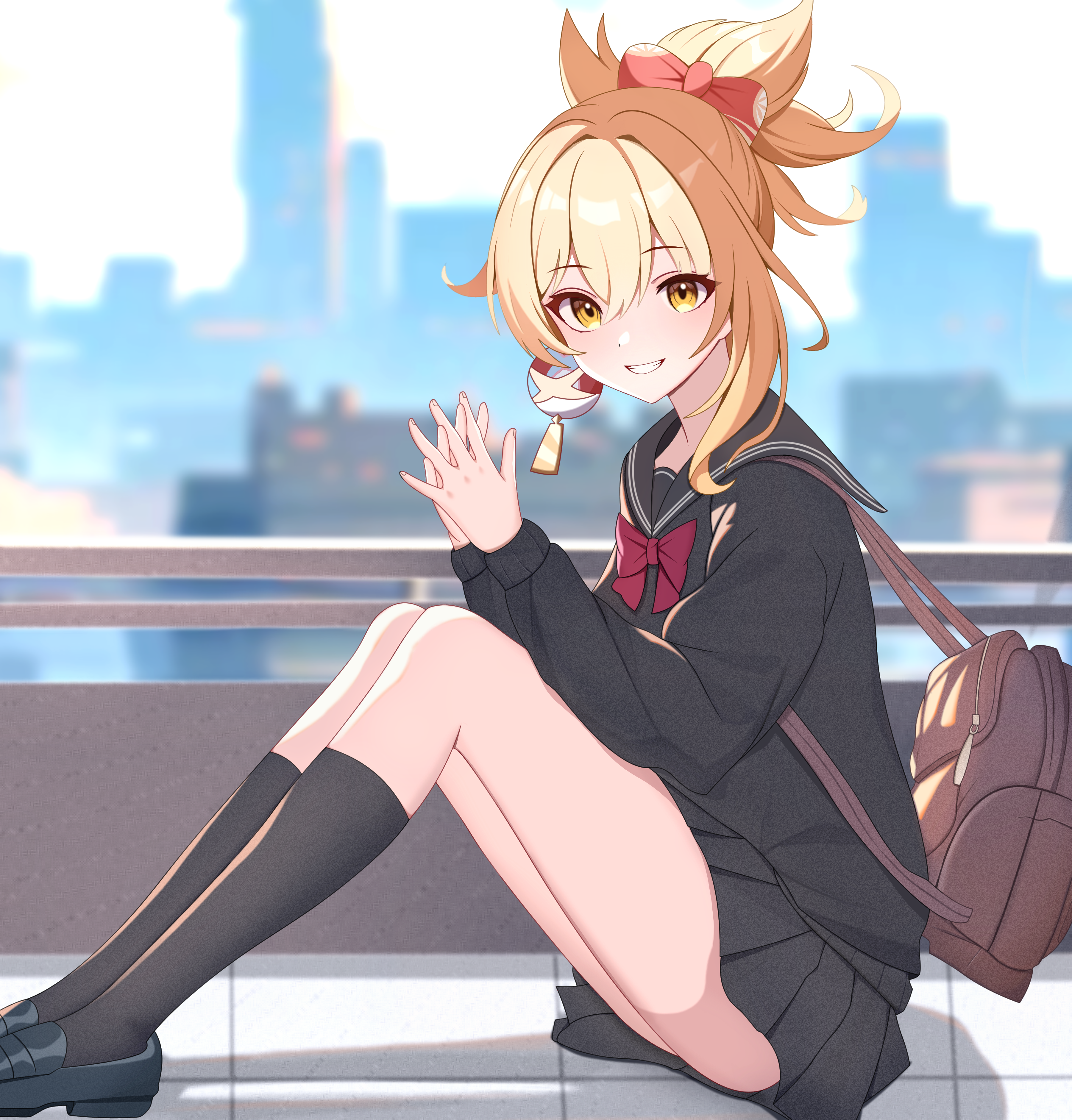 1girl absurdres black_serafuku black_shirt black_shoes black_skirt black_socks blonde_hair blurry blurry_background brown_bag commentary fingernails from_side genshin_impact hair_between_eyes highres kenomotsu_yukuwa long_sleeves looking_at_viewer looking_to_the_side orb own_hands_together pleated_skirt school_uniform serafuku shirt shoes skirt smile socks solo yellow_eyes yoimiya_(genshin_impact)