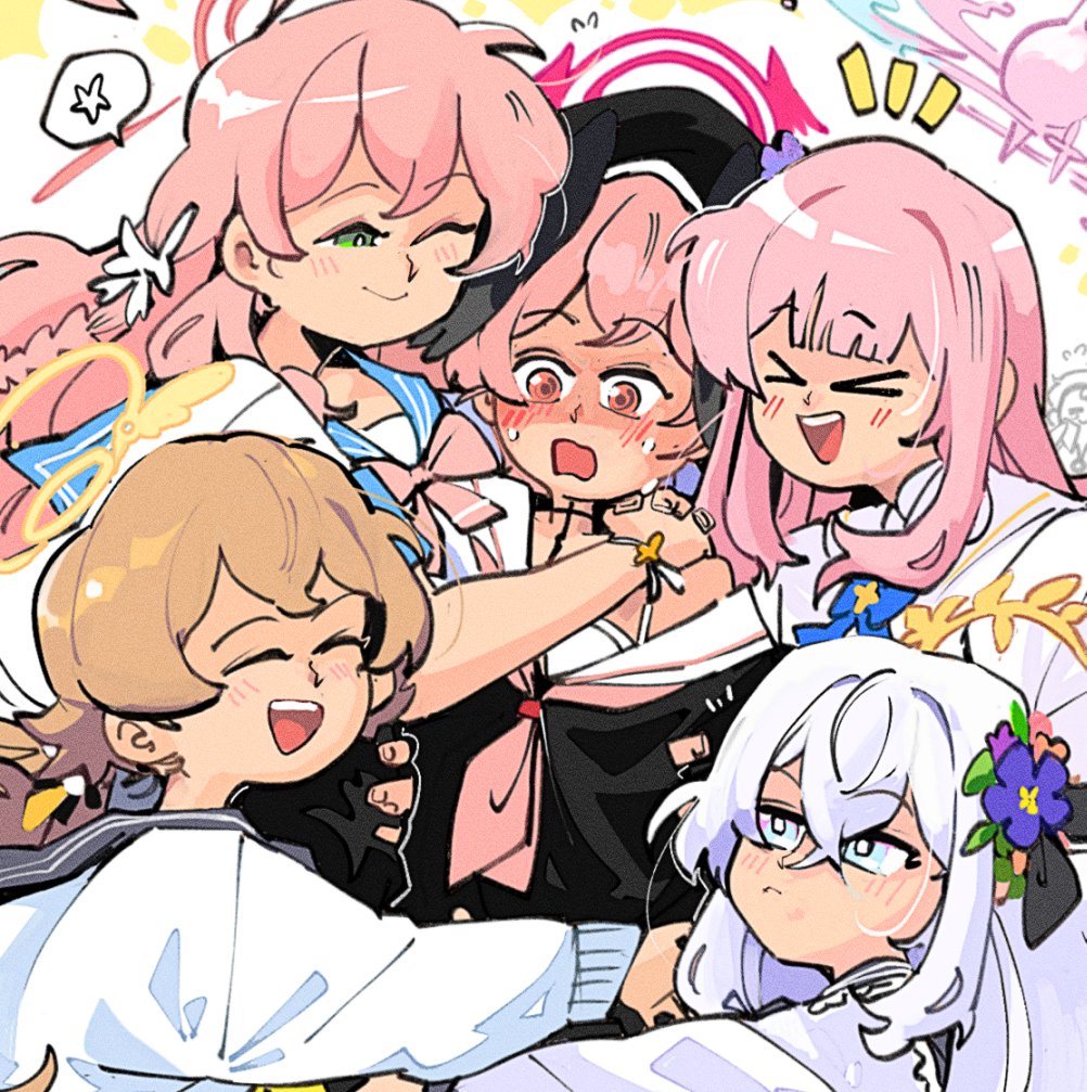 &gt;_&lt; 5girls azusa_(blue_archive) black_hat black_shirt blue_archive brown_hair closed_eyes closed_mouth commentary english_commentary flower green_eyes group_hug hair_between_eyes hair_flower hair_ornament halo hanako_(blue_archive) hat head_wings hifumi_(blue_archive) hug kinzaibatsu91 koharu_(blue_archive) long_hair long_sleeves looking_at_another mika_(blue_archive) multiple_girls neckerchief one_eye_closed open_mouth pink_eyes pink_hair pink_halo pink_neckerchief purple_flower red_halo shirt smile white_hair white_shirt wings yellow_halo