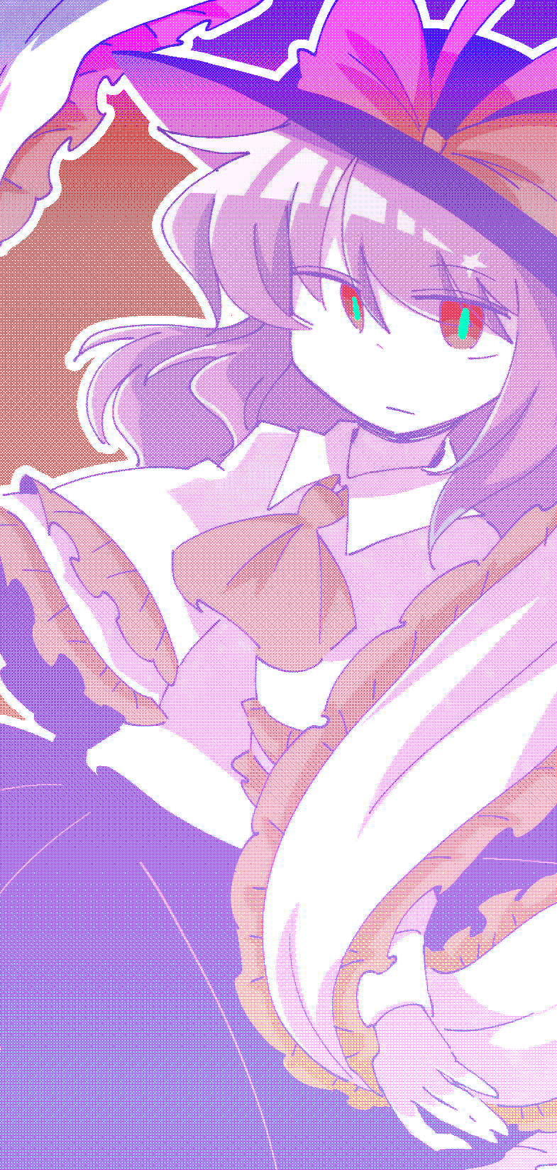 1girl ascot black_hat black_skirt bow capelet closed_mouth frilled_capelet frilled_shawl frills green_pupils hashtag-only_commentary hat hat_bow highres long_sleeves looking_at_viewer nagae_iku priswocaer purple_hair red_ascot red_background red_bow red_eyes shawl shirt short_hair skirt solo touhou white_capelet white_shirt