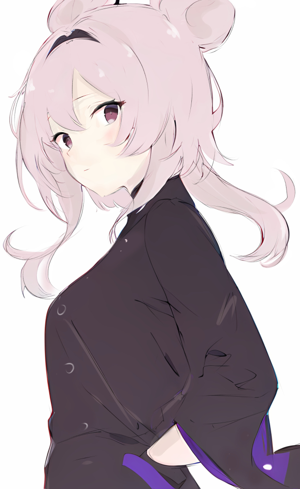 1girl animal_ears arknights black_jacket closed_mouth expressionless hair_between_eyes hand_on_own_hip jacket lin_(arknights) long_sleeves medium_hair pink_eyes pink_hair raifu_(rf) simple_background sketch solo unfinished upper_body white_background