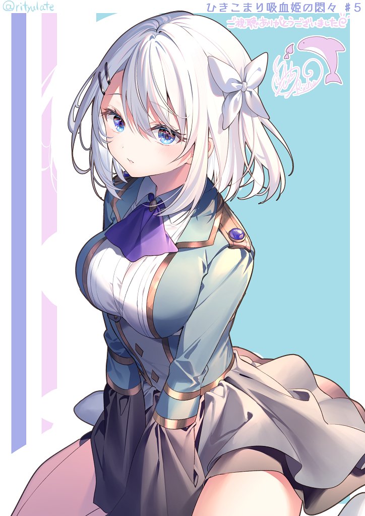 1girl aqua_background aqua_coat arm_between_legs ascot blue_eyes bow breasts coat collared_shirt commentary_request dot_nose grey_skirt hair_bow hair_ornament hairclip hikikomari_kyuuketsuki_no_monmon large_breasts long_sleeves looking_at_viewer multicolored_background open_mouth parted_bangs purple_ascot riichu sakuna_memoire shirt short_hair sitting skirt solo thighs wariza white_background white_bow white_hair white_shirt