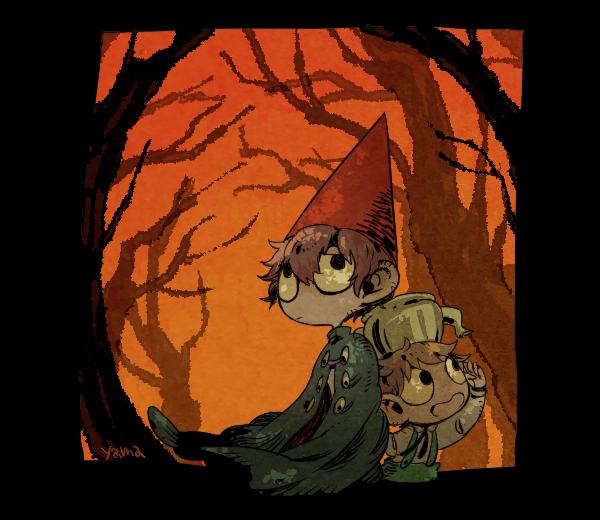2017 2boys blowing blue_cape brown_hair buttons cape green_overalls gregory_(over_the_garden_wall) looking_up multiple_boys open_mouth orange_sky over_the_garden_wall overalls pointy_hat shirt sky teapot white_shirt wirt_(over_the_garden_wall) yamada9000