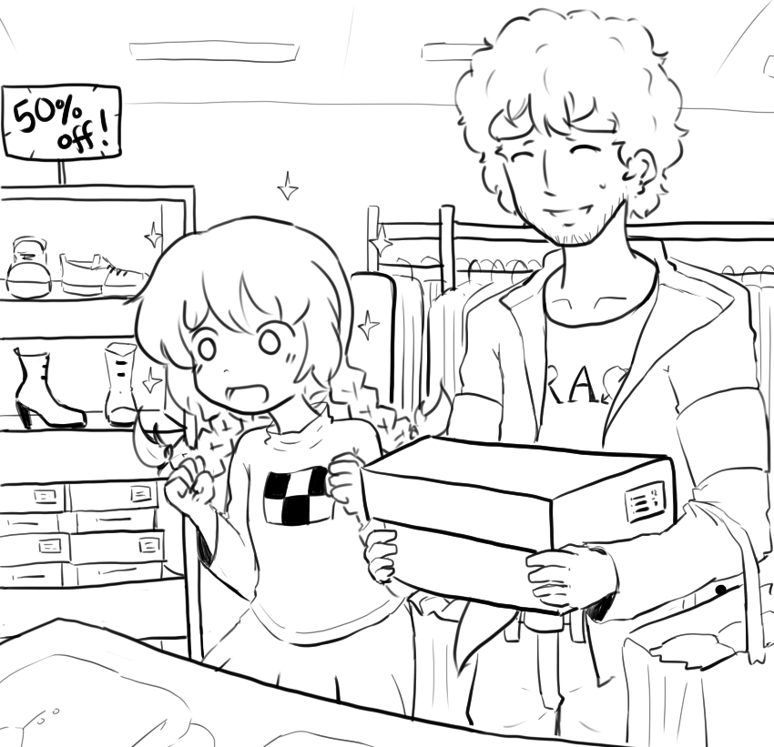1boy 1girl atlus bag catherine_(game) clothes_writing couple crossover drawfag closed_eyes facial_hair greyscale hetero madotsuki monochrome shirt shop shopping shopping_bag sparkle stubble t-shirt trait_connection uboa vincent_brooks yume_nikki