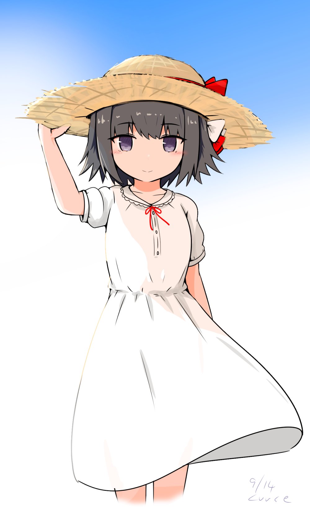 1girl alternate_costume black_eyes black_hair blue_background bow brown_hat curse_(023) dress feet_out_of_frame gradient_background hat highres ishigaki_(kancolle) kantai_collection looking_at_viewer one-hour_drawing_challenge red_bow short_hair short_sleeves solo straw_hat sun_hat white_background white_bow white_dress