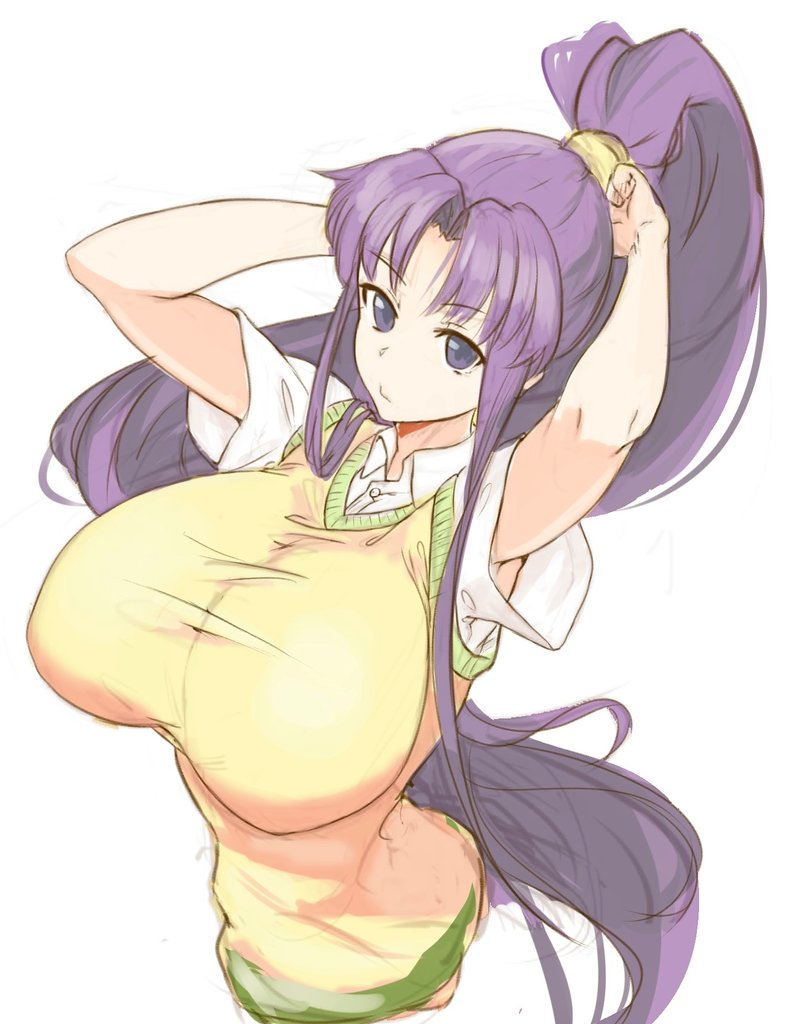 1girl arms_up blunt_bangs breasts eiken hair_tie huge_breasts long_hair lumo_1121 misono_kirika ponytail purple_eyes purple_hair school_uniform short_sleeves sidelocks sweater_vest tight_clothes very_long_hair yellow_sweater_vest zashono_academy_school_uniform