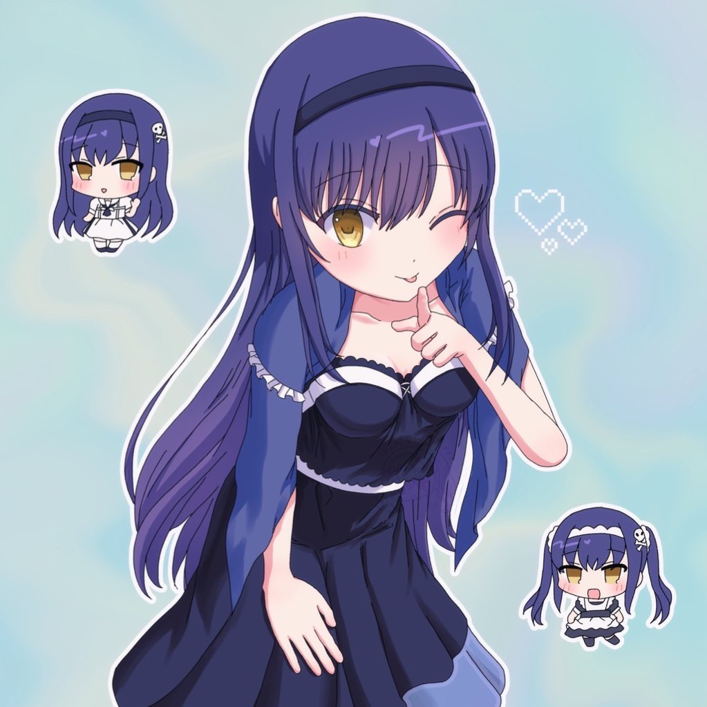 1girl ;p apron aqua_background black_camisole black_hair black_hairband black_skirt blue_capelet blush bone_hair_ornament breasts camisole capelet chibi chibi_inset closed_mouth collarbone commentary_request cowboy_shot finger_to_mouth frilled_apron frilled_capelet frills hair_between_eyes hair_ornament hairband hand_up heart index_finger_raised kushima_kamome long_hair looking_at_viewer maid maid_apron maid_headdress medium_breasts medium_skirt official_alternate_costume official_alternate_hairstyle one_eye_closed outline pixel_heart popperapi sailor_collar school_uniform serafuku sidelocks simple_background skirt skull_and_crossbones skull_hair_ornament smile solo straight_hair summer_pockets summer_pockets_school_uniform tongue tongue_out twintails very_long_hair white_apron white_outline white_sailor_collar white_serafuku yellow_eyes