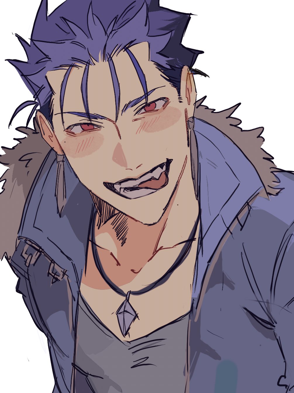1boy black_shirt blue_hair blue_jacket collarbone collared_jacket commentary cu_chulainn_(fate) earrings fate/stay_night fate_(series) fur-trimmed_collar fur_trim highres jacket jewelry jooojooo_oo looking_at_viewer male_focus open_clothes open_jacket piercing popped_collar red_eyes shirt simple_background smile solo symbol-only_commentary teeth tongue tongue_out upper_body v-neck white_background