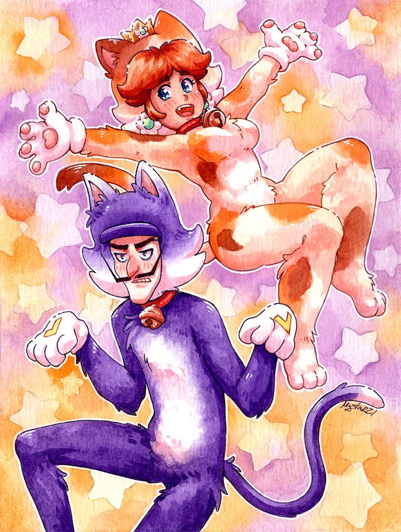 1boy 1girl animal_costume brown_hair cat_costume collar crown facial_hair mario_(series) mustache mystar21 neck_bell nintendo paw_pose princess_daisy super_mario_3d_world waluigi