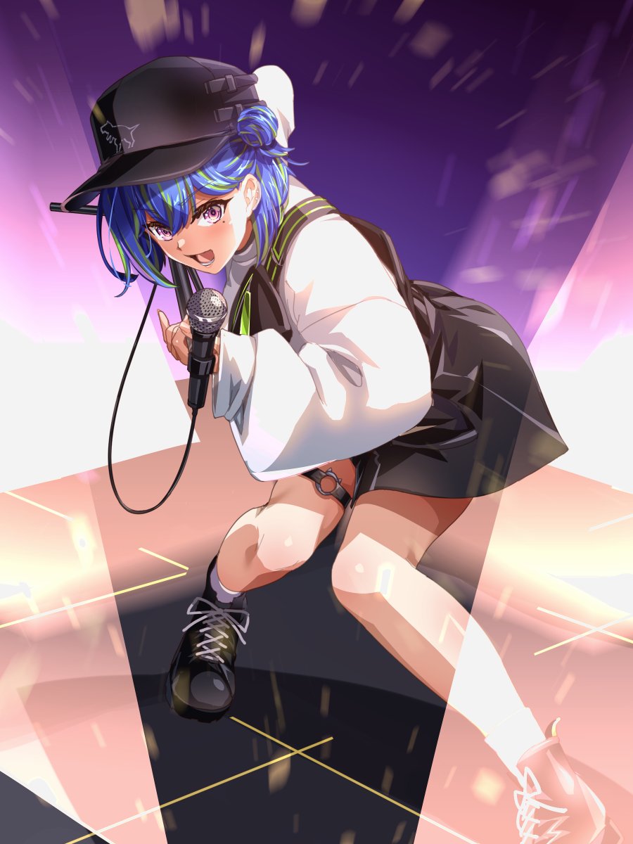 1girl baseball_cap black_boots black_hat black_shorts blue_hair blush boots commentary_request double_bun fanny_pack full_body green_hair hair_between_eyes hair_bun hat high-waist_shorts highres holding holding_microphone long_sleeves looking_at_viewer microphone mole mole_under_eye motion_blur multicolored_hair nanashi_inc. official_alternate_costume open_mouth pink_eyes purple_background short_hair shorts socks solo squatting stage suzumi_nemo suzumi_nemo_(2nd_costume) sweater tomo_tomotosix two-tone_hair virtual_youtuber white_socks white_sweater
