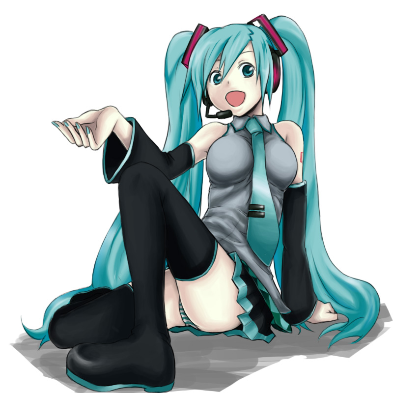 1girl aqua_eyes aqua_hair aqua_nails bare_shoulders boots breasts detached_sleeves female_focus hatsune_miku headphones long_hair microphone nail_polish necktie panties skirt solo striped_clothes striped_panties tansan_otoko thigh_boots thighhighs twintails underwear upskirt very_long_hair vocaloid