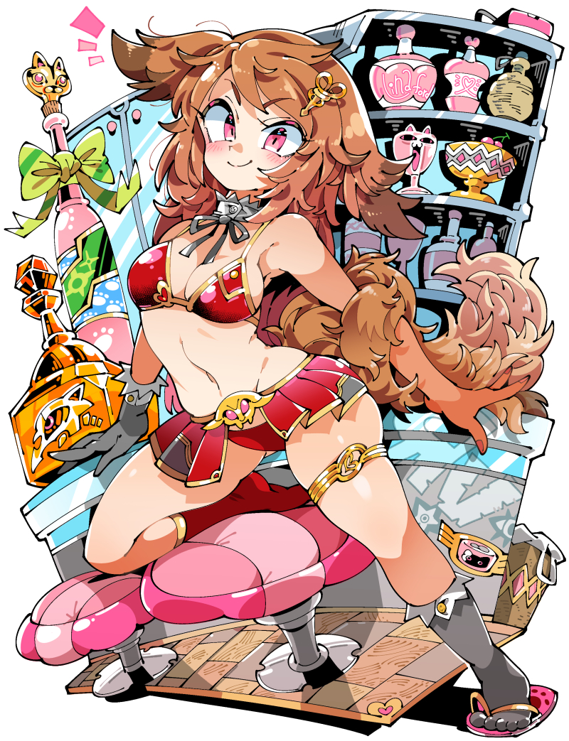 1girl bikini blush bottle breasts brown_hair choker feet gloves grey_gloves grey_socks kafun looking_at_viewer miniskirt navel no_shoes original pink_eyes raised_eyebrows red_bikini red_socks sandals single_glove single_sandal skirt small_breasts smile socks stool swimsuit tail