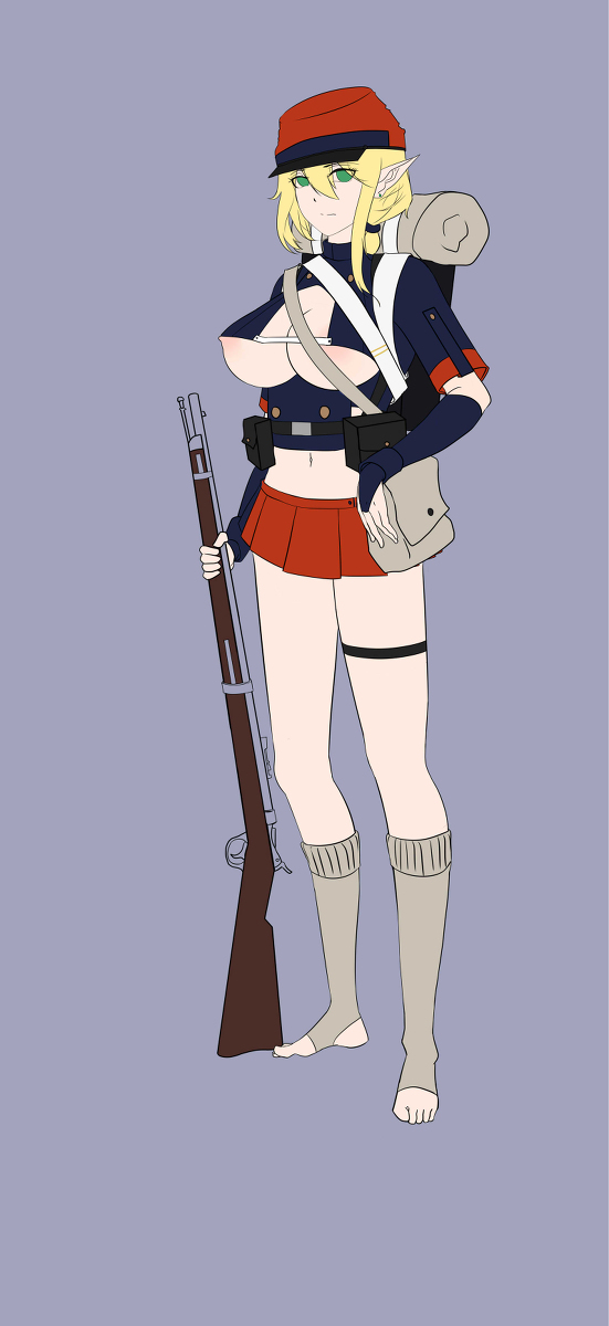 1girl backpack bag barefoot belt belt_buckle belt_pouch bishop_mastlov blonde_hair breasts buckle buttons clothing_cutout elf female_soldier fingerless_gloves french_army full_body gloves green_eyes gun hat highres holding holding_weapon large_breasts looking_at_viewer low_ponytail military_hat military_uniform miniskirt navel nipple_slip nipples original pointy_ears ponytail pouch red_skirt rifle short_sleeves simple_background skirt socks soldier solo standing thigh_strap toeless_footwear underboob weapon world_war_i