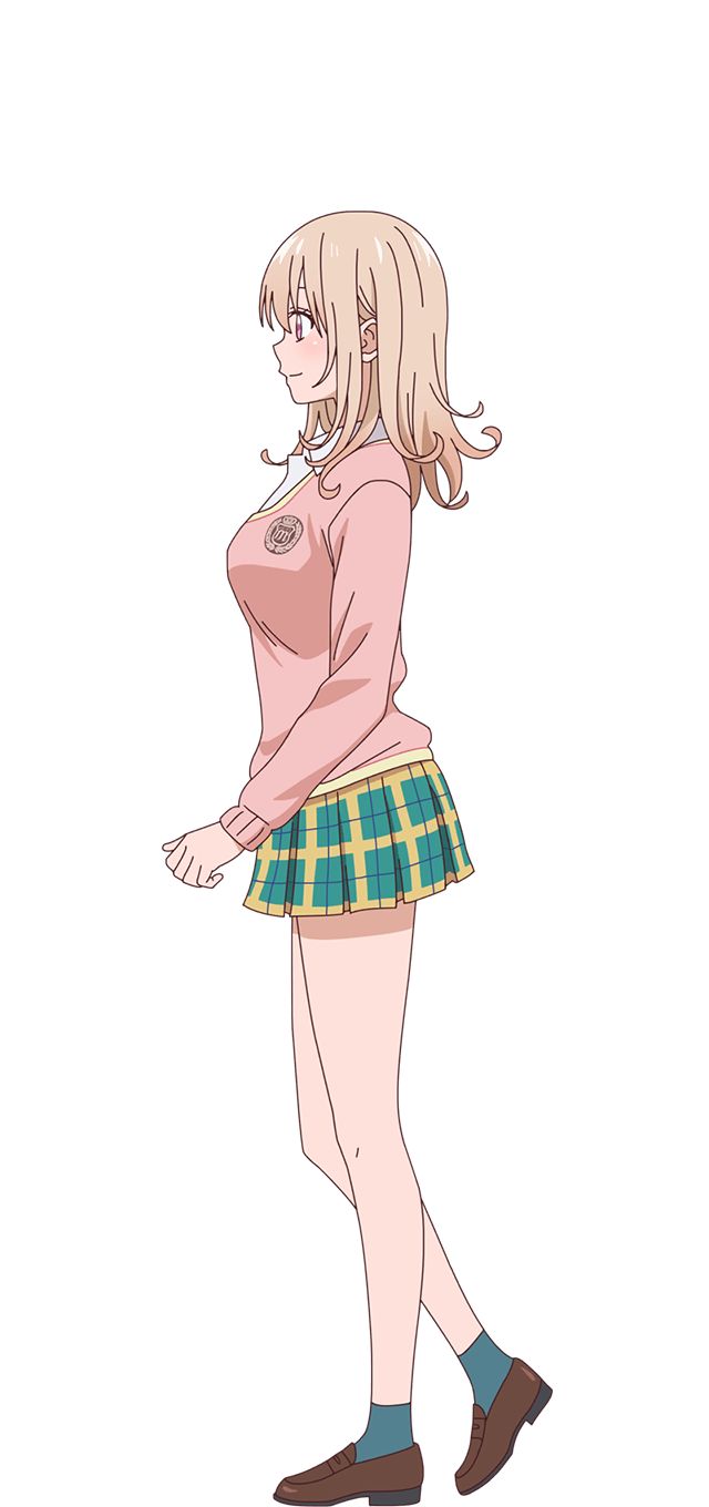 1girl ankle_socks aqua_socks blonde_hair blush breasts brown_shoes collared_shirt from_side full_body green_skirt heel_up highres kawai_mona kuroiwa_medaka_ni_watashi_no_kawaii_ga_tsuujinai light_smile loafers long_sleeves looking_ahead medium_breasts medium_hair miniskirt official_art pink_sweater plaid_clothes plaid_skirt pleated_skirt purple_eyes school_emblem school_uniform shirt shirt_under_sweater shoes skirt socks solo standing sweater transparent_background white_shirt