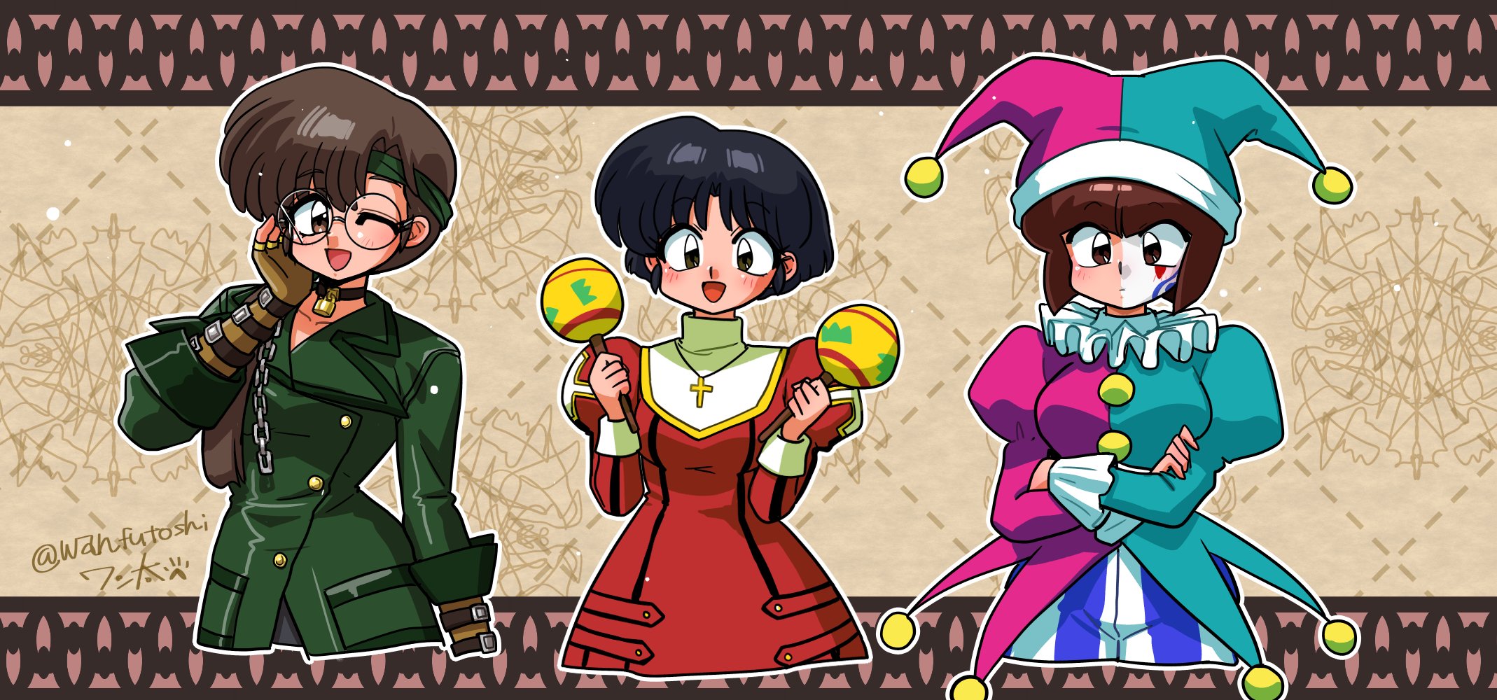 3girls :d aqua_border aqua_hat aqua_shirt artist_name black_choker black_hair blue_pants blunt_bangs blunt_ends blush bob_cut border braid braided_ponytail breasts broken_eyewear brown_background brown_border brown_eyes brown_gloves brown_hair brown_headband chain choker closed_mouth collarbone commentary cosplay cropped_legs cross cross_necklace crossed_arms dot_mouth dress elbow_gloves erica_fontaine erica_fontaine_(cosplay) expressionless facepaint fingerless_gloves glasses gloves green_jacket grey_pants grid grid_background hair_behind_ear hair_over_shoulder hand_on_own_arm hat headband high_collar highres holding holding_instrument holding_maracas instrument inverted_bob jacket jester_cap jester_costume jewelry juliet_sleeves light_blush lobelia_carlini lobelia_carlini_(cosplay) lock_necklace long_hair long_sleeves looking_at_viewer maracas medium_breasts multiple_girls music neck_ruff necklace one_eye_closed open_mouth orange_background outline pants parted_bangs pendant_choker pink_hat pink_shirt playing_instrument pom_pom_(clothes) puffy_sleeves ranma_1/2 red_dress rimless_eyewear round_eyewear sakura_taisen sakura_taisen_iii salut_(sakura_taisen) salut_(sakura_taisen)_(cosplay) shirt short_hair siblings side-by-side signature sisters smile standing straight-on strap striped_clothes striped_headwear striped_pants striped_shirt swept_bangs tendou_akane tendou_kasumi tendou_nabiki translated two-tone_hat two-tone_pants two-tone_shirt vertical-striped_clothes vertical-striped_headwear vertical-striped_pants vertical-striped_shirt very_long_sleeves wanta_(futoshi) white_border white_outline white_pants white_trim yellow_trim