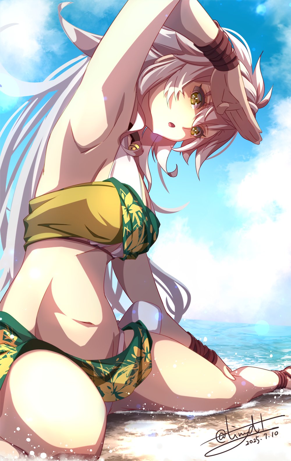 1girl beach bikini blue_sky breasts cloud dated eiyuu_densetsu fie_claussell floral_print hair_between_eyes highres kai_no_kiseki kuro_no_kiseki_(series) long_hair looking_at_viewer navel ocean open_mouth outdoors partially_shaded_face sideburns signature sitting sky solo swimsuit tinybiard twitter_username white_hair yellow_eyes