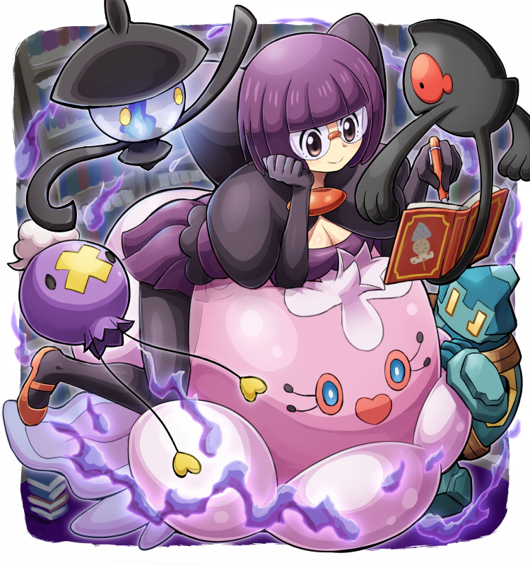 10s 1girl bob_cut book breasts cleavage drifloon elite_four gen_4_pokemon gen_5_pokemon glasses gloves golett jellicent lampent medium_breasts nintendo pantyhose pen pokemoa pokemon pokemon_(creature) pokemon_bw purple_hair purple_skirt round_eyewear shauntal_(pokemon) short_hair skirt smile yamask