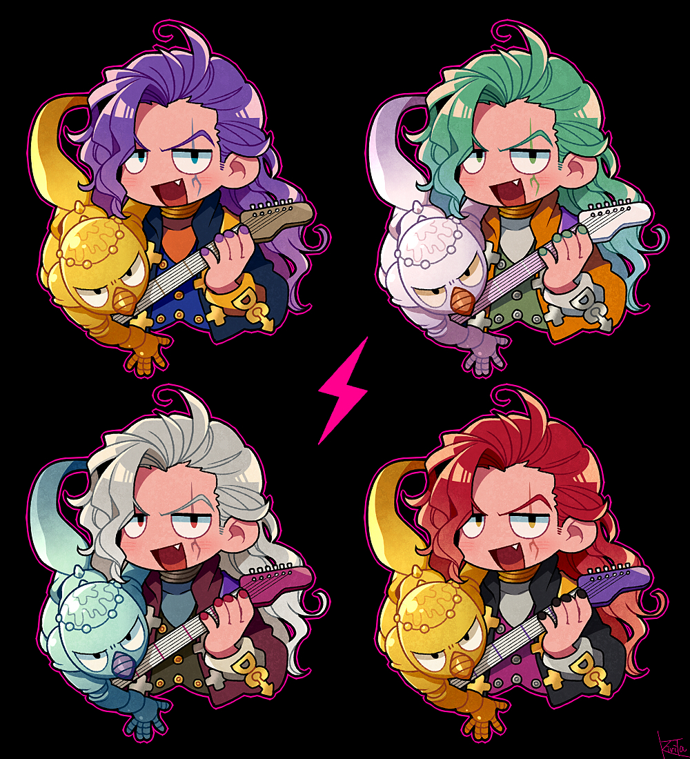 1boy black_background black_jacket black_nails blue_shirt blue_vest blush brown_jacket collarbone cropped_torso diamond_wa_kudakenai facial_mark fang green_eyes green_nails green_vest grey_hair guitar holding holding_guitar holding_instrument instrument jacket jojo_no_kimyou_na_bouken kiri_futoshi lightning_bolt_symbol long_hair long_sleeves male_focus no_nose orange_jacket orange_shirt otoishi_akira outline pink_outline purple_hair purple_nails red_eyes red_hair red_hot_chili_pepper_(stand) red_nails shirt signature stand_(jojo) variations vest white_hair white_shirt