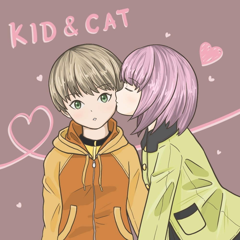 13b_alice 2girls androgynous blonde_hair blush closed_eyes commentary_request english_text green_eyes green_jacket heart hood hoodie huang_pao-lin jacket kiss kissing_cheek lara_tchaikoskaya multiple_girls orange_hoodie purple_hair short_hair simple_background tiger_&amp;_bunny upper_body very_short_hair yuri