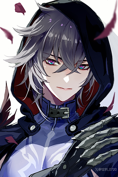 1boy artist_name black_gloves blue_eyes claw_ring closed_mouth commentary_request cropped_jacket crossed_bangs expressionless falling_feathers feathers gloves grey_hair hair_between_eyes hand_up honkai:_star_rail honkai_(series) hood hood_up hooded_jacket jacket korean_commentary looking_at_viewer male_focus moze_(honkai:_star_rail) multicolored_eyes np_(1231_0720) purple_eyes purple_jacket purple_shirt shirt short_hair simple_background solo twitter_username twitter_x_logo upper_body white_background