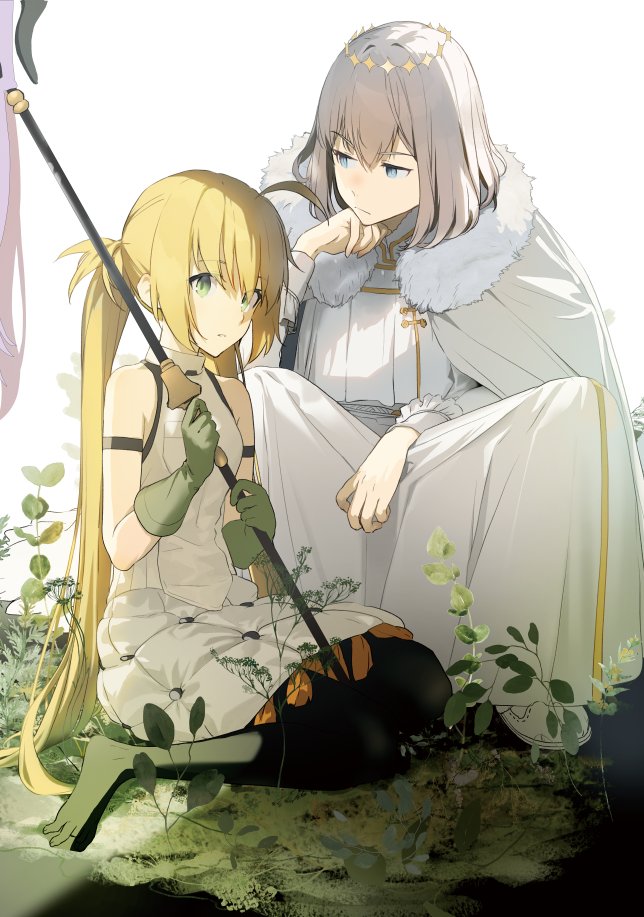 1boy 1girl ahoge akinashi_yuu arm_strap artoria_caster_(fate) artoria_caster_(first_ascension)_(fate) artoria_pendragon_(fate) black_pantyhose blonde_hair blue_eyes cape commentary_request crown dress fate/grand_order fate_(series) fur-trimmed_cape fur_trim gloves green_eyes green_gloves grey_cape grey_hair grey_robe holding holding_staff no_shoes oberon_(fate) oberon_(second_ascension)_(fate) pantyhose robe sitting staff wariza white_dress