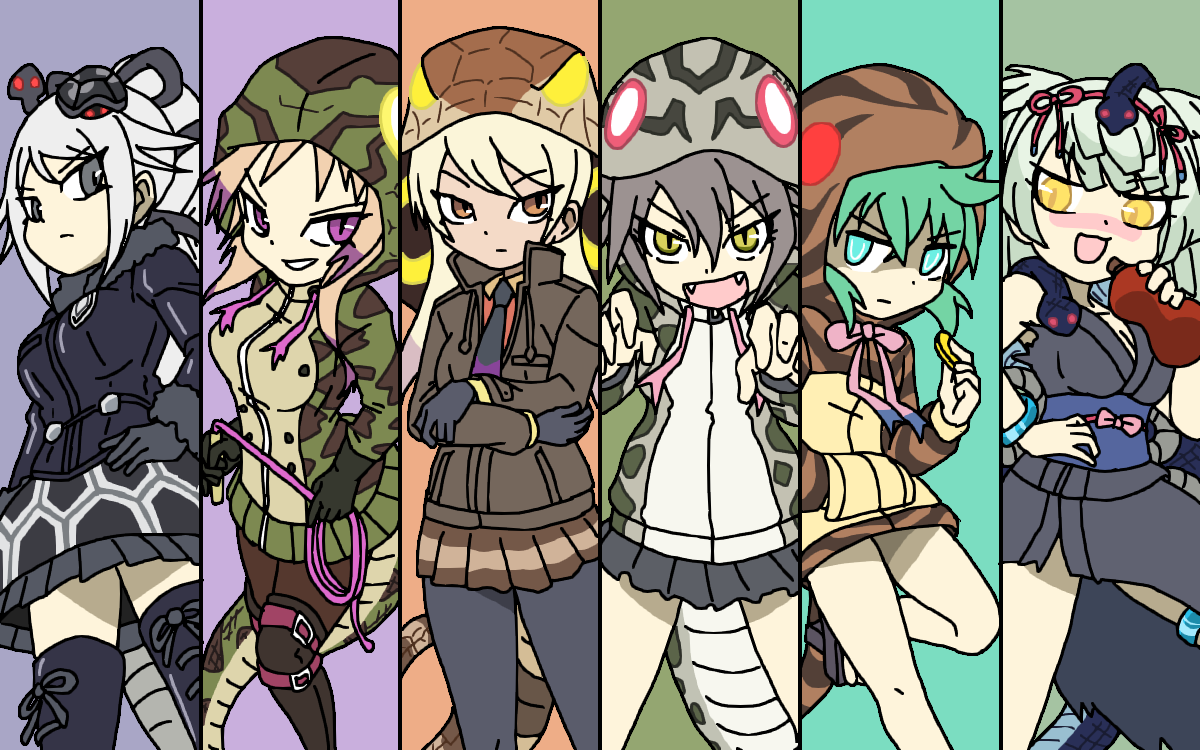 6+girls african_rock_python_(kemono_friends) animal_hood animal_print bare_legs blonde_hair blue_eyes blush boots breasts brown_eyes chibi cleavage closed_mouth coin collared_jacket crossed_arms detached_hood double-parted_bangs drawstring fangs genbu_(kemono_friends) geta gloves gourd green_hair grey_eyes grey_hair hair_between_eyes hand_in_pocket hand_on_own_hip hand_up hands_up high_ponytail holding holding_coin holding_gourd holding_whip hood hood_up hooded_jacket jacket japanese_clothes kemono_friends king_cobra_(kemono_friends) legs_apart long_sleeves looking_at_viewer medium_breasts miniskirt multicolored_hair multiple_girls necktie nose_blush okinawa_habu_(kemono_friends) open_mouth pantyhose parted_bangs partially_shaded_face ponytail print_jacket purple_eyes purple_hair simple_background skirt sleeveless slit_pupils small_breasts smile snake snake_hood snake_print snake_tail srd_(srdsrd01) standing tail tan thigh_boots thighhighs tsuchinoko_(kemono_friends) turtle two-tone_hair v-shaped_eyebrows whip yamata_no_orochi_(kemono_friends) yellow_eyes zettai_ryouiki zipper
