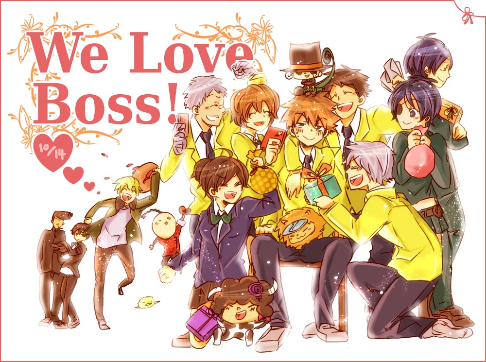 3girls 6+boys animal bandages black_hair blonde_hair boy_cow brown_hair chrome_dokuro cow_print dino dino_cavallone everyone eyepatch closed_eyes gift gokudera_hayato heart hibari_kyouya hibird horns i-pin katekyo_hitman_reborn! lambo miura_haru mokkorinko multiple_boys multiple_girls open_mouth purple_hair reborn rokudou_mukuro sasagawa_kyouko sasagawa_ryohei sawada_tsunayoshi silver_hair tetsuya_kusakabe yamamoto_takeshi