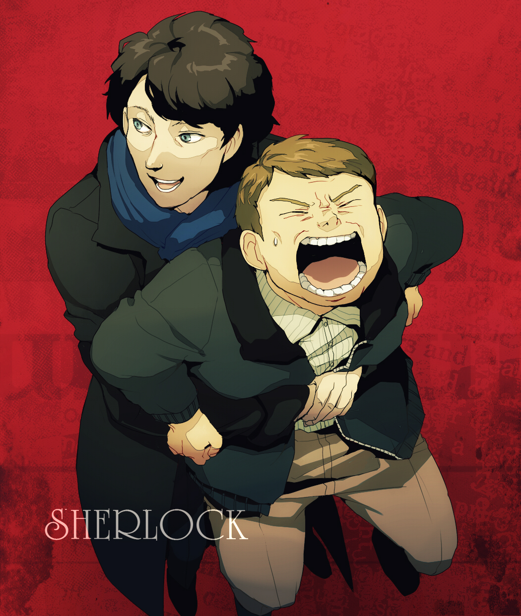 2boys animification bad_id bad_pixiv_id blue_eyes brown_hair character_name closed_eyes coat commentary_request copyright_name from_above highres jacket john_hamish_watson long_sleeves looking_to_the_side male_focus multiple_boys open_clothes open_jacket open_mouth pants red_background scarf sherlock_(bbc) sherlock_holmes sherlock_holmes_(sherlock) simple_background smile standing sweatdrop sweater t_k_g teeth the_adventures_of_sherlock_holmes wince