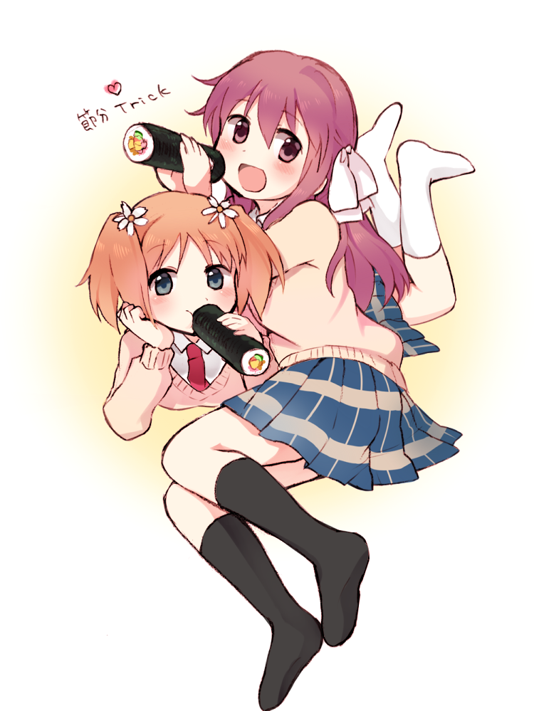 2girls black_socks blush brown_hair brown_sweater ehoumaki flower food hair_between_eyes hair_flower hair_ornament makizushi multiple_girls necktie open_mouth red_necktie sakura_trick shirt short_hair skirt socks sonoda_yuu striped_clothes striped_skirt sushi sweater takayama_haruka tarabagani translation_request twintails white_shirt white_socks