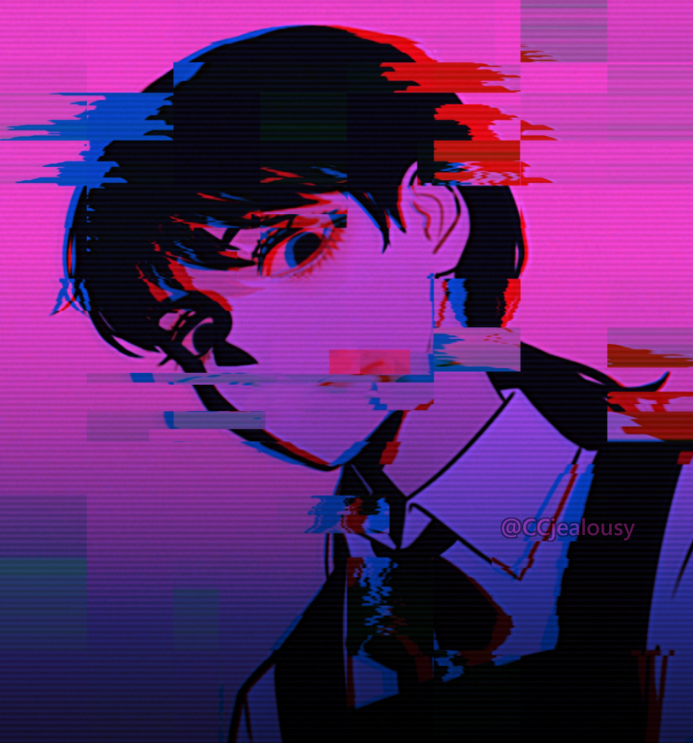 1girl chainsaw_man commentary czy_(2894456992) fourth_east_high_school_uniform glitch low_twintails mitaka_asa no_mouth portrait scanlines school_uniform solo twintails twitter_username watermark