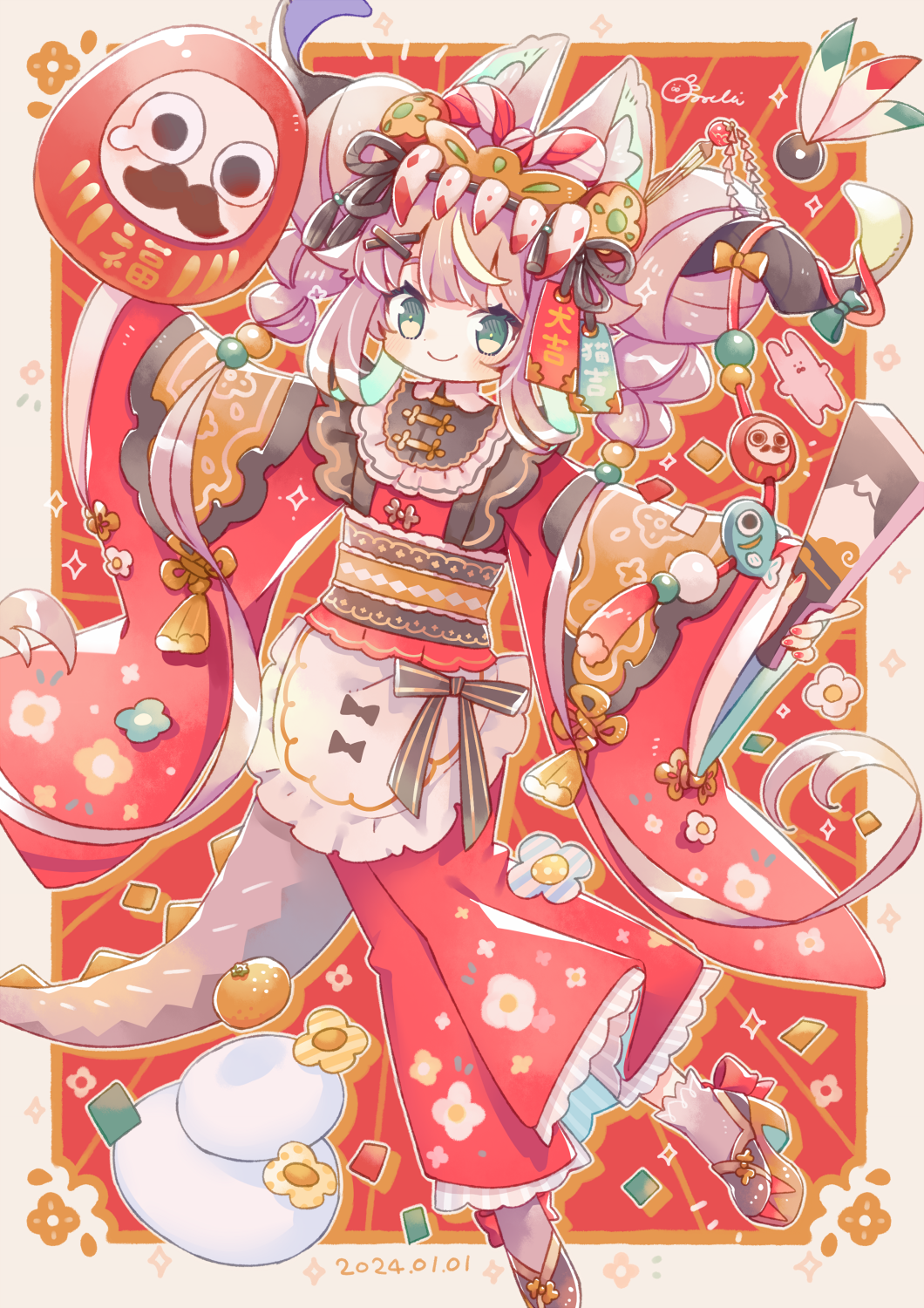 1girl animal_ear_fluff animal_ears apron black_ribbon blush_stickers border brown_sandals brown_socks closed_mouth commentary_request daruma_doll dated food fox_ears frilled_apron frilled_kimono frills fruit full_body green_eyes hair_bobbles hair_ornament highres japanese_clothes kimono long_hair long_sleeves looking_at_viewer low_twintails mandarin_orange nail_polish new_year original outline outside_border outstretched_arms platform_sandals purple_hair red_background red_kimono red_nails ribbon sandals signature smile socks solo sorata123 spread_arms tail twintails white_apron white_border white_outline wide_sleeves