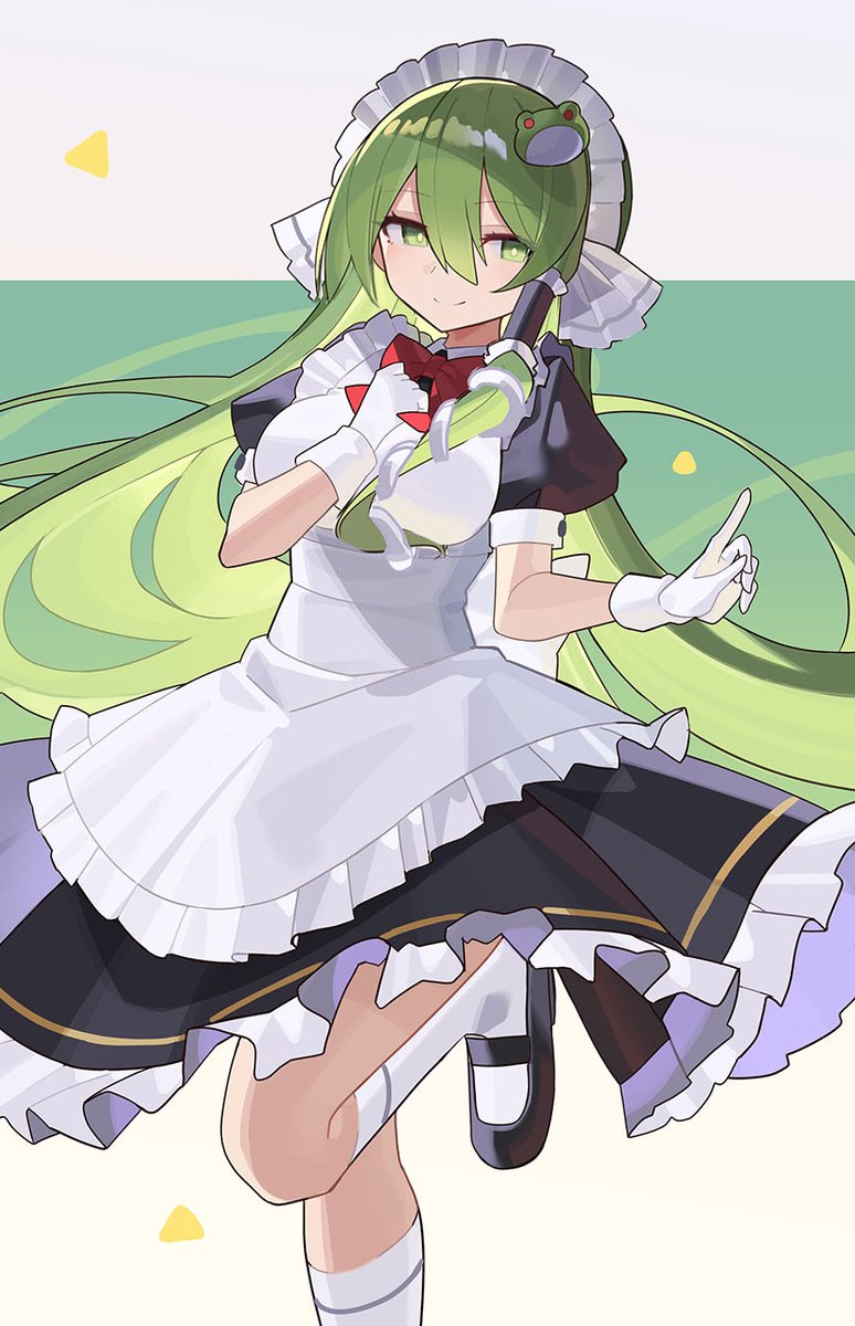 1girl alternate_costume apron black_dress black_shoes commentary dress enmaided falken_(yutozin) foot_out_of_frame frilled_apron frilled_dress frills frog_hair_ornament gloves green_eyes green_hair hair_between_eyes hair_ornament hair_tubes highres kneehighs kochiya_sanae long_hair maid maid_apron maid_headdress puffy_short_sleeves puffy_sleeves revision shoes short_sleeves snake_hair_ornament socks solo touhou two-tone_background white_apron white_gloves white_socks