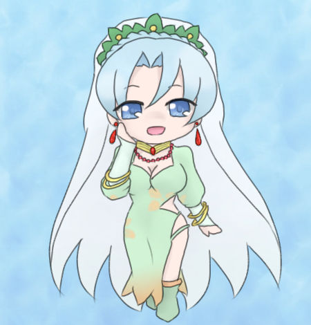 1girl blue_eyes blue_hair bracelet braid breasts choker cleavage dress earrings grune_(tales) jewelry lowres necklace open_mouth shoes short_hair tales_of_(series) tales_of_legendia veil