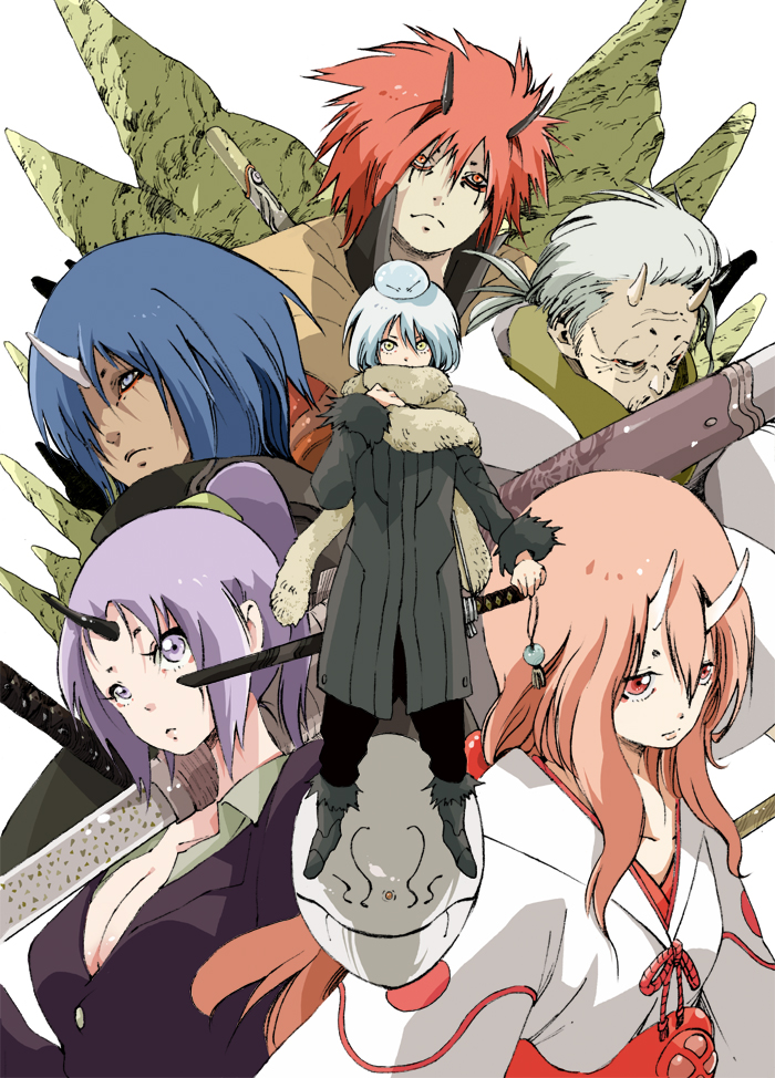 10s benimaru_(tensura) blue_eyes blue_hair boots breasts coat hakuro_(tensura) horns katana large_breasts makkamu multiple_boys multiple_girls purple_eyes purple_hair red_eyes red_hair rimuru_tempest shion_(tensura) shuna_(tensura) simple_background single_horn slime_(creature) soei_(tensura) sword tensei_shitara_slime_datta_ken weapon white_hair