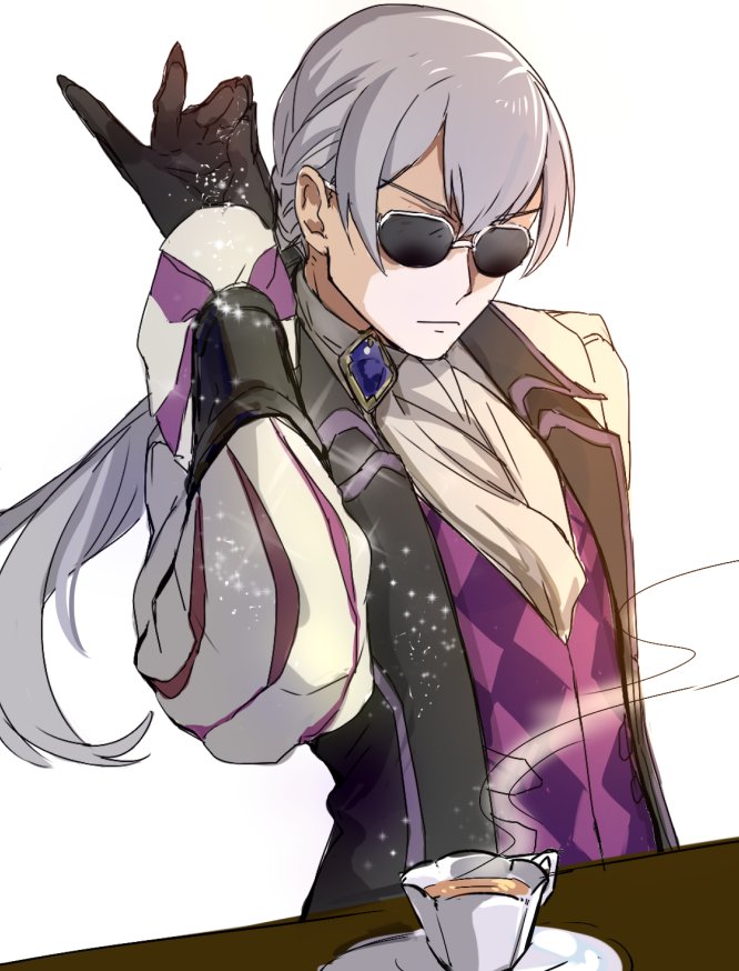 1boy aristocratic_clothes bk-love black-tinted_eyewear butler cup fire_emblem fire_emblem_fates grey_hair jakob_(fire_emblem) low_ponytail male_focus meme nintendo ponytail salt_bae_(meme) solo sunglasses teacup tuxedo_shirt