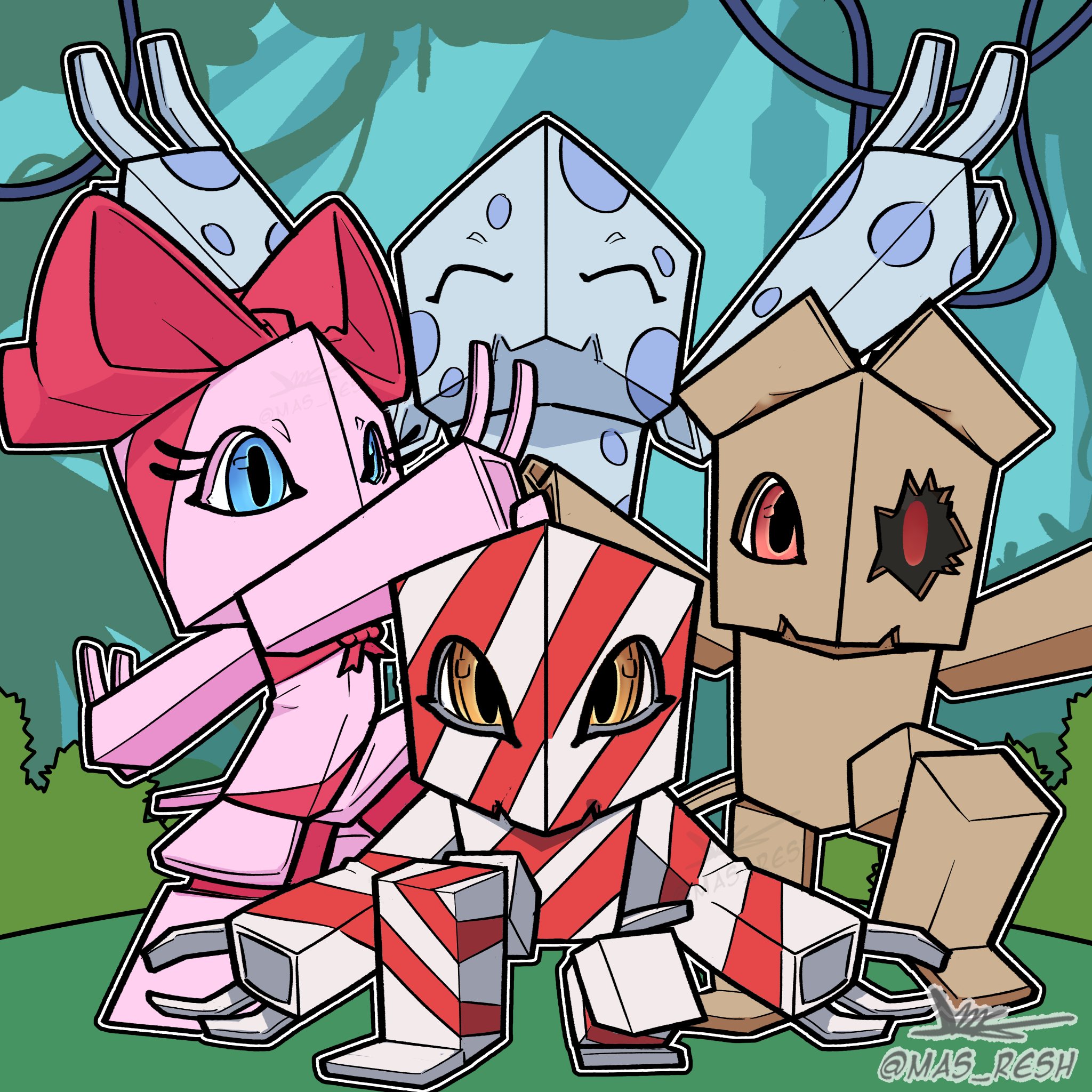 bacomon blue_eyes box closed_eyes d_resh digimon digimon_xros_wars digimon_xros_wars:_toki_wo_kakeru_shounen_hunter-tachi forest ginyu_force_pose happy highres looking_at_viewer nature orange_eyes pose_imitation ribbon