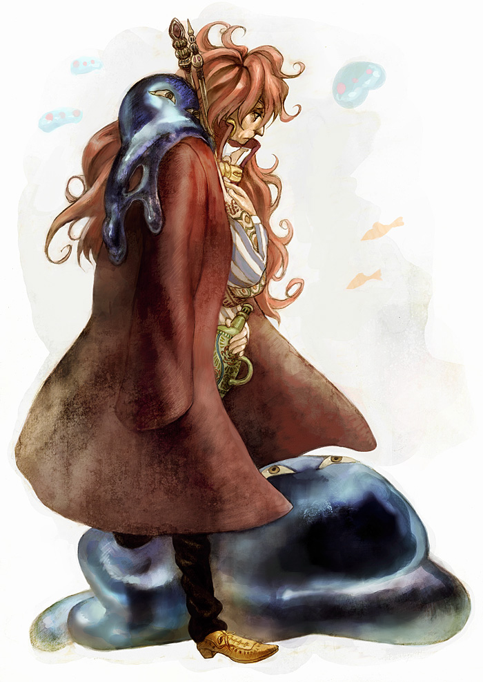 00s 1boy bottle coat eyeshadow fujimoto gake_no_ue_no_ponyo long_hair makeup male_focus messy_hair overcoat red_hair simple_background slime_(creature) slime_(substance) solo striped studio_ghibli yoshimura_hitomi