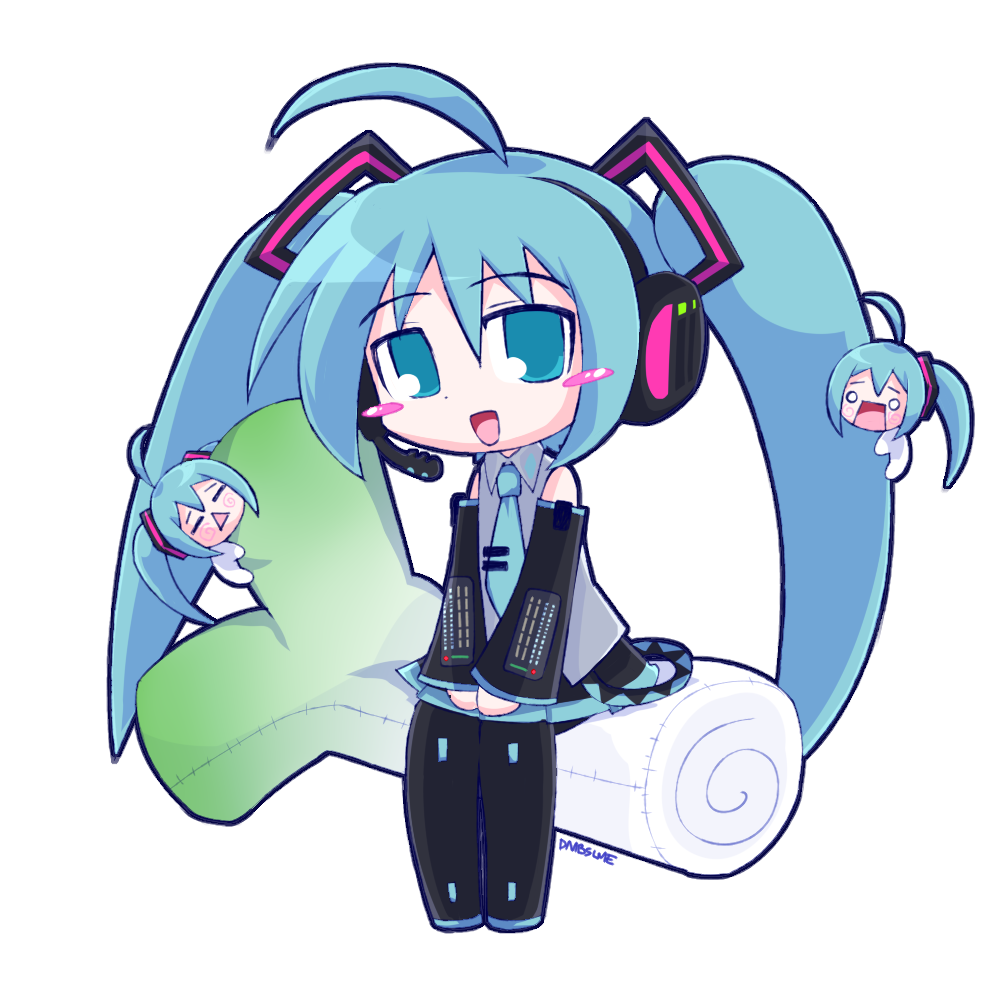 1girl 2000s_(style) =_= ahoge aqua_eyes aqua_hair aqua_necktie aqua_trim bare_shoulders belt black_belt black_boots black_skirt black_sleeves blue_outline boots chibi chibi_on_head collared_shirt commentary detached_sleeves dot_nose dumbslime english_commentary grey_shirt hachune_miku hatsune_miku headphones huge_ahoge long_hair looking_at_viewer necktie o_o on_head open_mouth outline pleated_skirt shirt signature simple_background sitting skirt spring_onion tie_clip triangle_mouth twintails vocaloid white_background