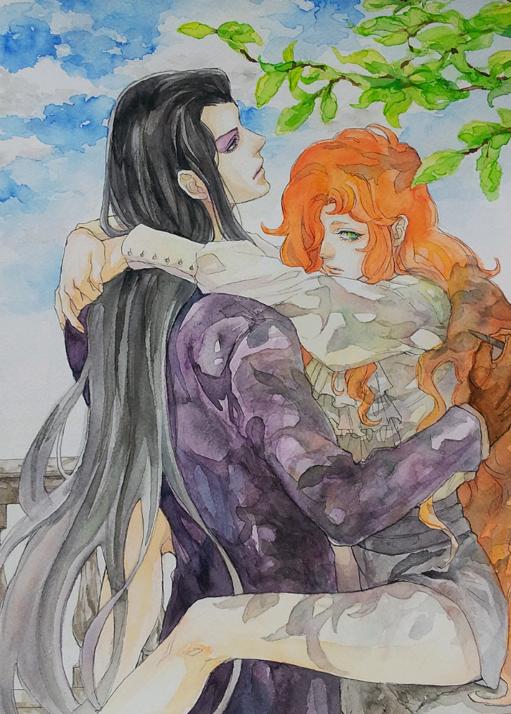 2boys black_hair bottomless branch eyeshadow graphite_(medium) hair_over_one_eye hr66612 hug jack_barbarosa_bancoran juliet_sleeves leaf long_hair long_sleeves makeup male_focus maraich_juschenfe multiple_boys orange_hair outdoors painting_(medium) patalliro! puffy_long_sleeves puffy_sleeves sitting sky traditional_media very_long_hair watercolor_(medium) yaoi