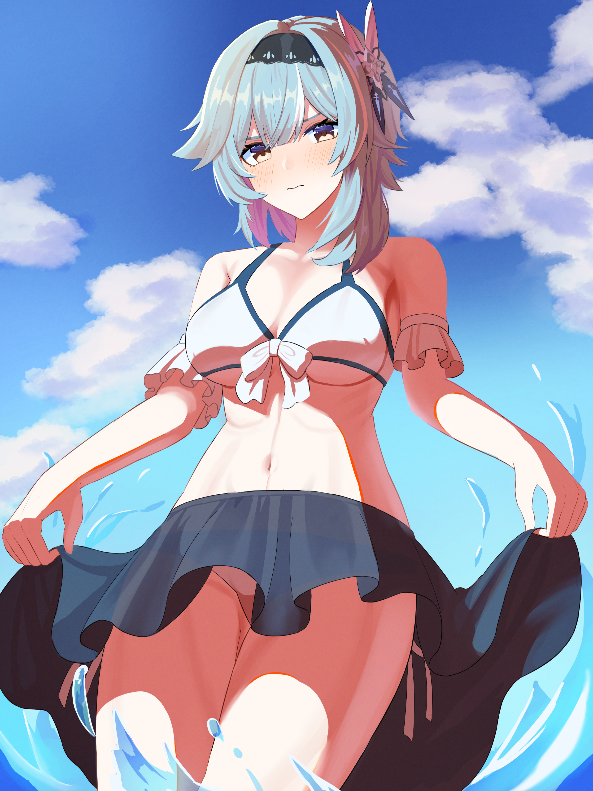1girl absurdres bikini black_hairband black_skirt blue_hair breasts closed_mouth commentary cowboy_shot curtsey day eula_(genshin_impact) genshin_impact hairband highres large_breasts looking_at_viewer looking_down medium_hair navel niadn_nb outdoors pleated_skirt side-tie_bikini_bottom skirt solo swimsuit water wavy_mouth white_bikini