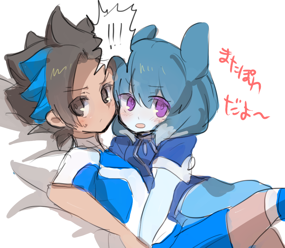 ! !! 10s 1boy 1girl aqua_hair bad_id bad_pixiv_id blue_hair blue_skin blush brown_eyes brown_hair colored_skin hetero inazuma_eleven_(series) inazuma_eleven_go inazuma_eleven_go_galaxy long_hair looking_at_viewer matatagi_hayato multicolored_hair nankai open_mouth powai_pichori purple_eyes shinsei_inazuma_japan simple_background sketch soccer_uniform sportswear two-tone_hair white_background