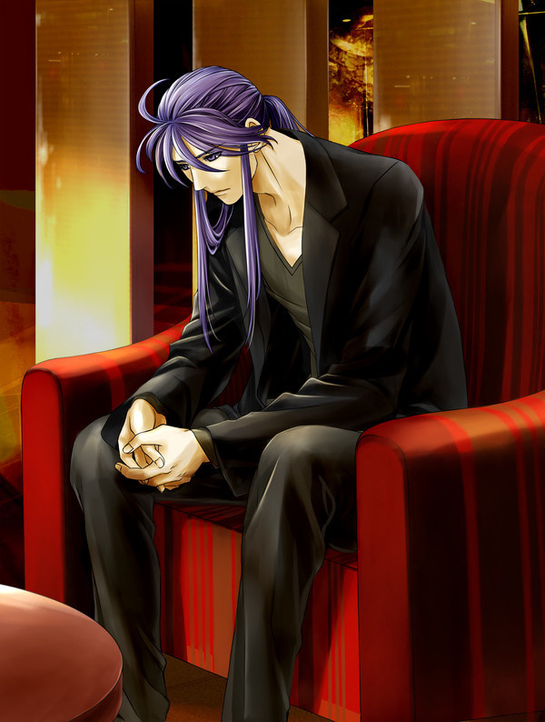 1boy chair dancing_love_(vocaloid) formal_clothes kamui_gakupo male_focus patterned_upholstery ponytail purple_hair red_upholstery sitting solo striped_upholstery suit toyu vocaloid