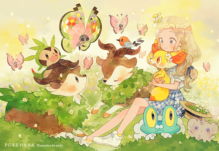 10s 1girl bad_id bad_pixiv_id bird blonde_hair blue_eyes bug butterfly chespin espurr fennekin flabebe flabebe_(white_flower) fletchling flower froakie gen_6_pokemon gogoat hair_flower hair_ornament hair_ribbon hat head_wreath holding horns insect long_hair nintendo on_head pechika petals plaid_clothes plaid_skirt pokemon pokemon_(creature) pokemon_on_head pokemon_xy puffy_short_sleeves puffy_sleeves ribbon serena_(pokemon) short_sleeves sitting skirt smile starter_pokemon_trio unworn_hat unworn_headwear vivillon vivillon_(fancy) vivillon_(meadow)