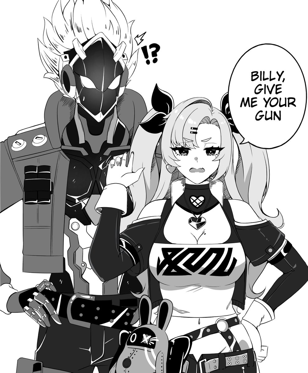 1boy 1girl bangboo_(zenless_zone_zero) billy_kid breasts greyscale humanoid_robot large_breasts lion_space long_hair mechanical_arms monochrome nicole_demara robot short_hair twintails zenless_zone_zero