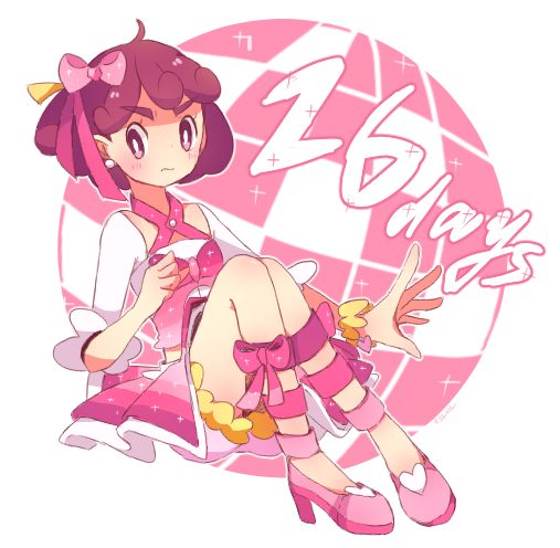 1girl 33lol alternate_costume bow burgundy_(pokemon) cosplay curly_hair dress earrings full_body hair_bow hair_ribbon high_heels jewelry looking_at_viewer may_(pokemon)_(cosplay) nintendo pink_bow pink_dress pink_ribbon pink_shoes pokemon pokemon_(anime) pokemon_bw_(anime) pokemon_contest purple_eyes purple_hair ribbon shoes short_hair simple_background sitting thick_eyebrows white_background wristband