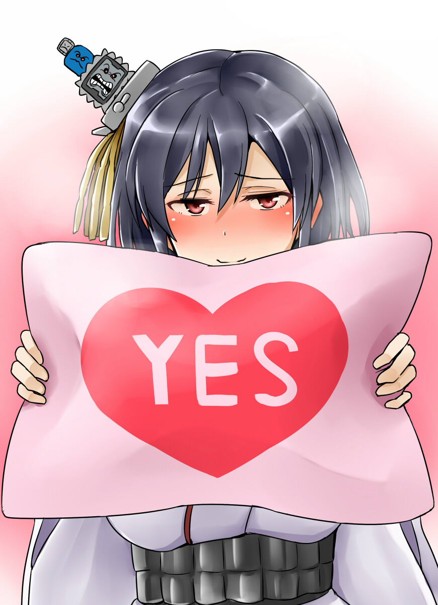 10s 1girl alternate_headwear black_hair blush breasts detached_sleeves female_focus hair_flaps hair_ornament highres japanese_clothes kamelie kantai_collection mario_(series) nintendo nontraditional_miko pillow red_eyes sash short_hair solo thwimp thwomp yamashiro_(kancolle) yes yes-no_pillow