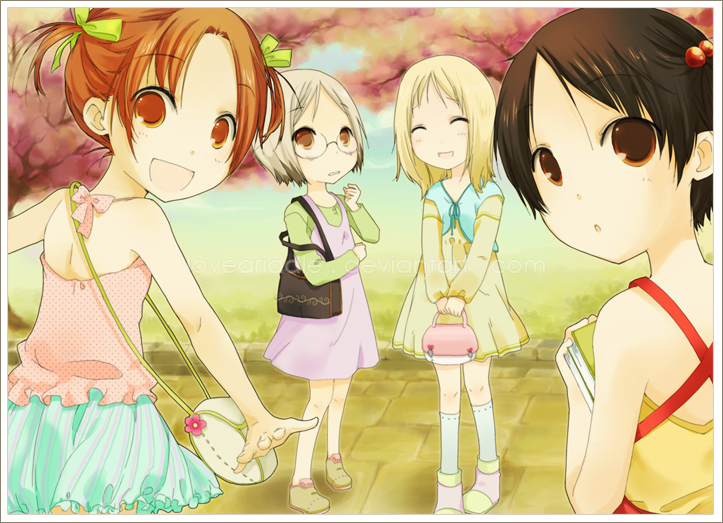 4girls ana_coppola bag black_hair blonde_hair blue_eyes book closed_eyes glasses hand_up handbag ichigo_mashimaro itou_chika looking_at_viewer loveariddle matsuoka_miu multiple_girls open_mouth orange_eyes orange_hair outdoors sakuragi_matsuri shoes short_hair smile socks tree