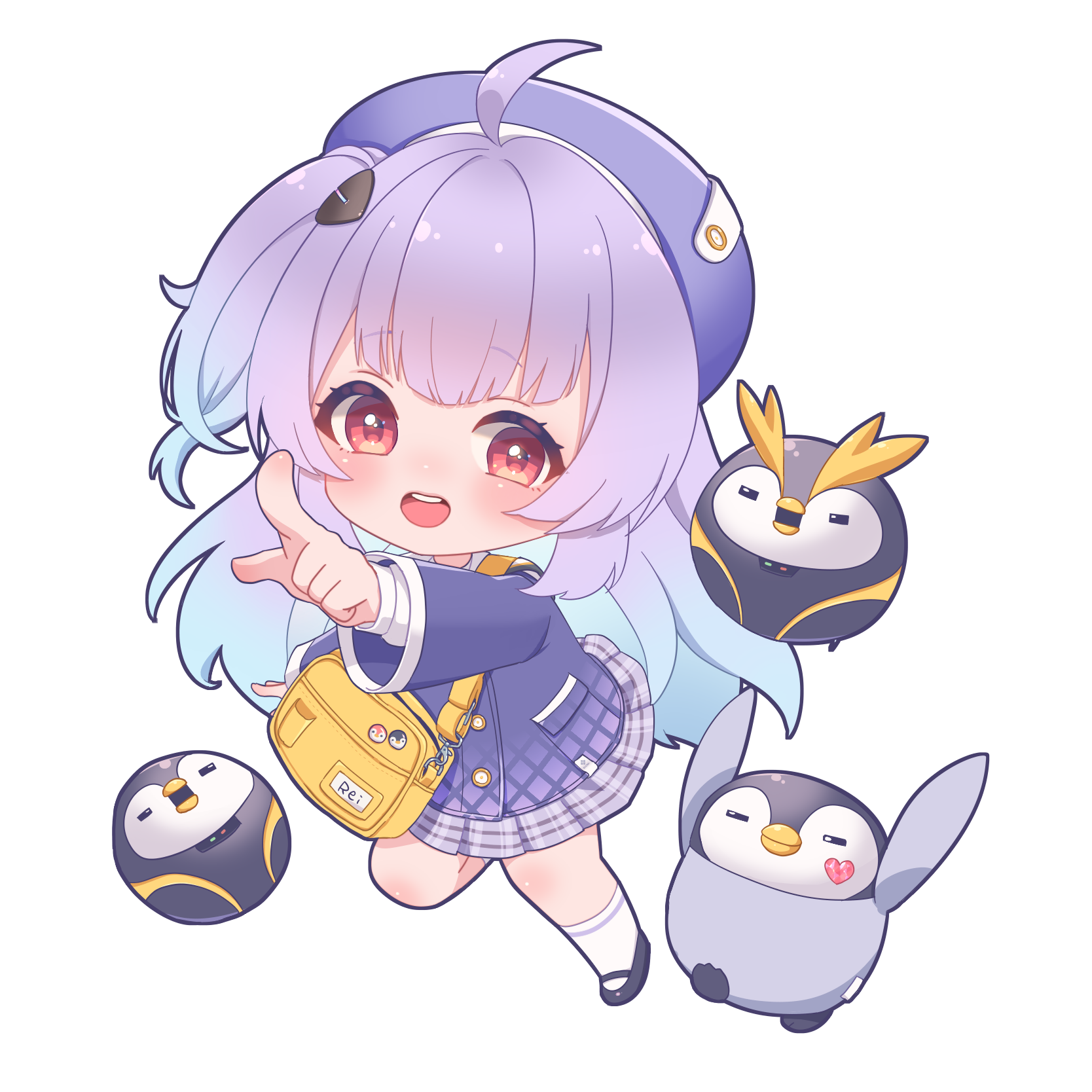 1girl ahoge beret bird chibi goddess_of_victory:_nikke hair_ornament hat highres jacket long_hair long_sleeves looking_at_viewer open_mouth penguin purple_hair red_eyes rei_(nikke) school_uniform shirt skirt standing white_shirt yashima_xx