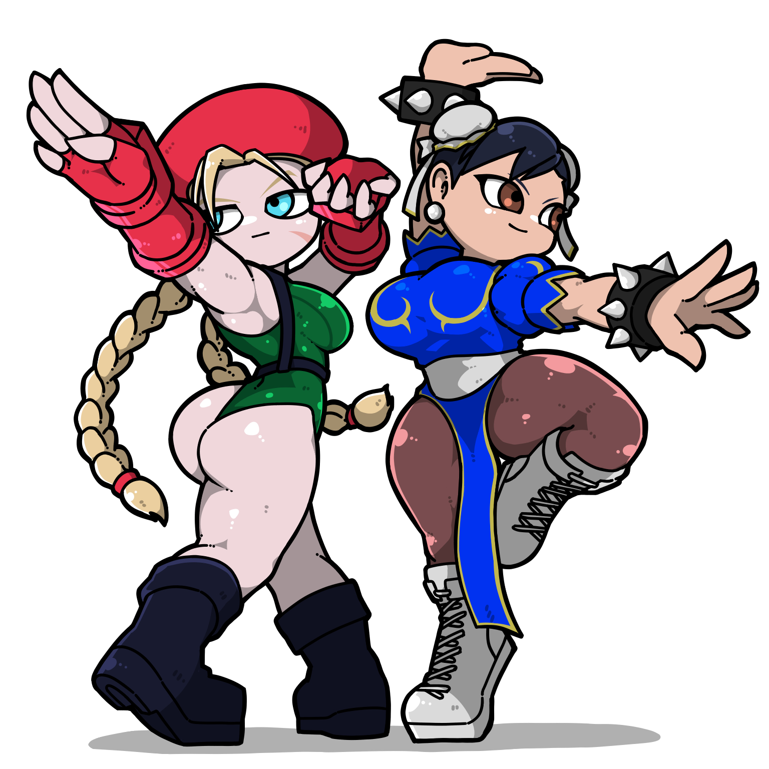 2girls :| arm_up ass beret black_footwear black_hair blonde_hair blue_dress blue_eyes boots bracelet braid breasts brown_eyes brown_pantyhose bun_cover cammy_white capcom chun-li closed_mouth double_bun dress earrings facial_scar fingerless_gloves gloves green_leotard hair_bun hat heel_up highres jewelry large_breasts leg_up leotard long_hair medium_breasts multiple_girls name_omoitukan2 outstretched_arm pantyhose pearl_earrings pelvic_curtain puffy_short_sleeves puffy_sleeves red_gloves red_hat sash scar scar_on_cheek scar_on_face shadow shiny_skin short_hair short_sleeves simple_background smile spiked_bracelet spikes street_fighter thick_lineart twin_braids white_background white_footwear white_sash