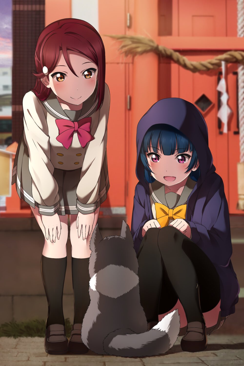 2girls animal anko_(love_live!) black_hair dog highres hood hood_up hoodie long_hair love_live! love_live!_sunshine!! multiple_girls neck_ribbon open_mouth pink_eyes purple_eyes red_hair ribbon sailor_collar sakurauchi_riko school_uniform shiimai smile squatting tsushima_yoshiko uranohoshi_school_uniform yellow_eyes