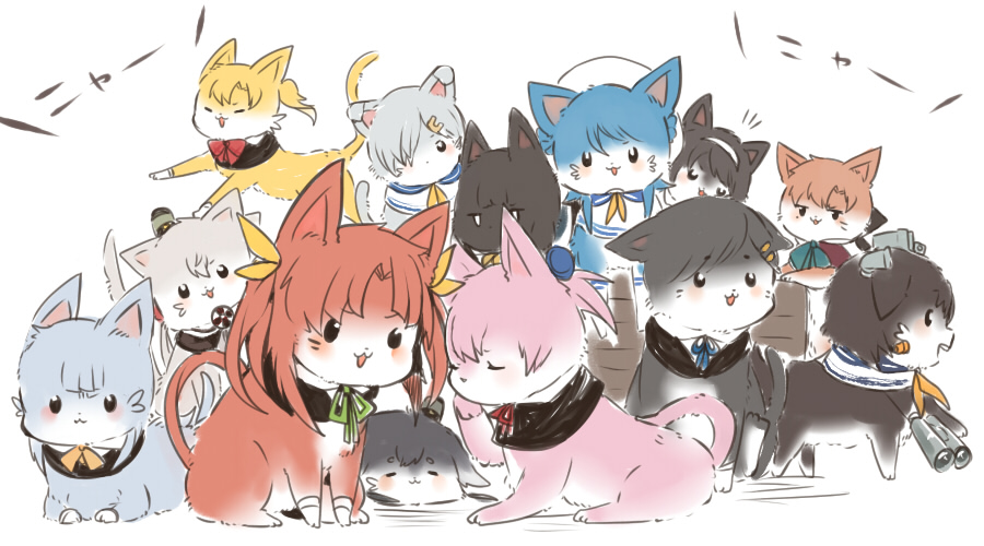 akigumo_(kancolle) amatsukaze_(kancolle) animal animalization beret cat clothed_animal gloves hair_ribbon hairband hamakaze_(kancolle) hat hatsukaze_(kancolle) isokaze_(kancolle) itomugi-kun kagerou_(kancolle) kantai_collection kuroshio_(kancolle) maikaze_(kancolle) no_humans ribbon shiranui_(kancolle) sleeping tanikaze_(kancolle) tokitsukaze_(kancolle) urakaze_(kancolle) yukikaze_(kancolle)